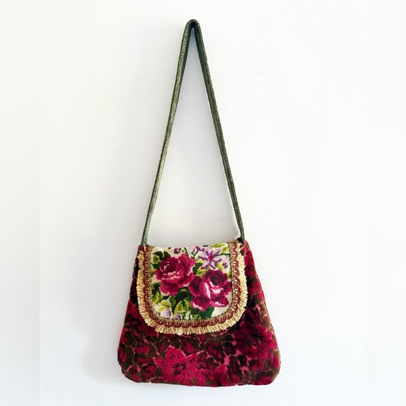 Vtg 2000s Handmade Carpet Crossbody Bag, Rose Embroidery, Tassel Fringe, Velvet - Picture 1 of 16